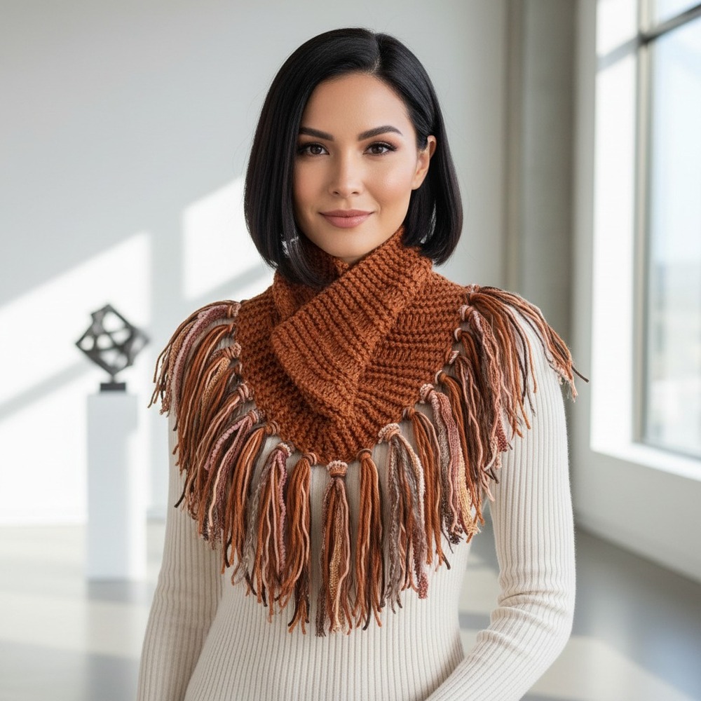 Cowl Scarf Fringe Hand Knitted Orange Rust Womens Boho Hippie Artsy Earthy Glam